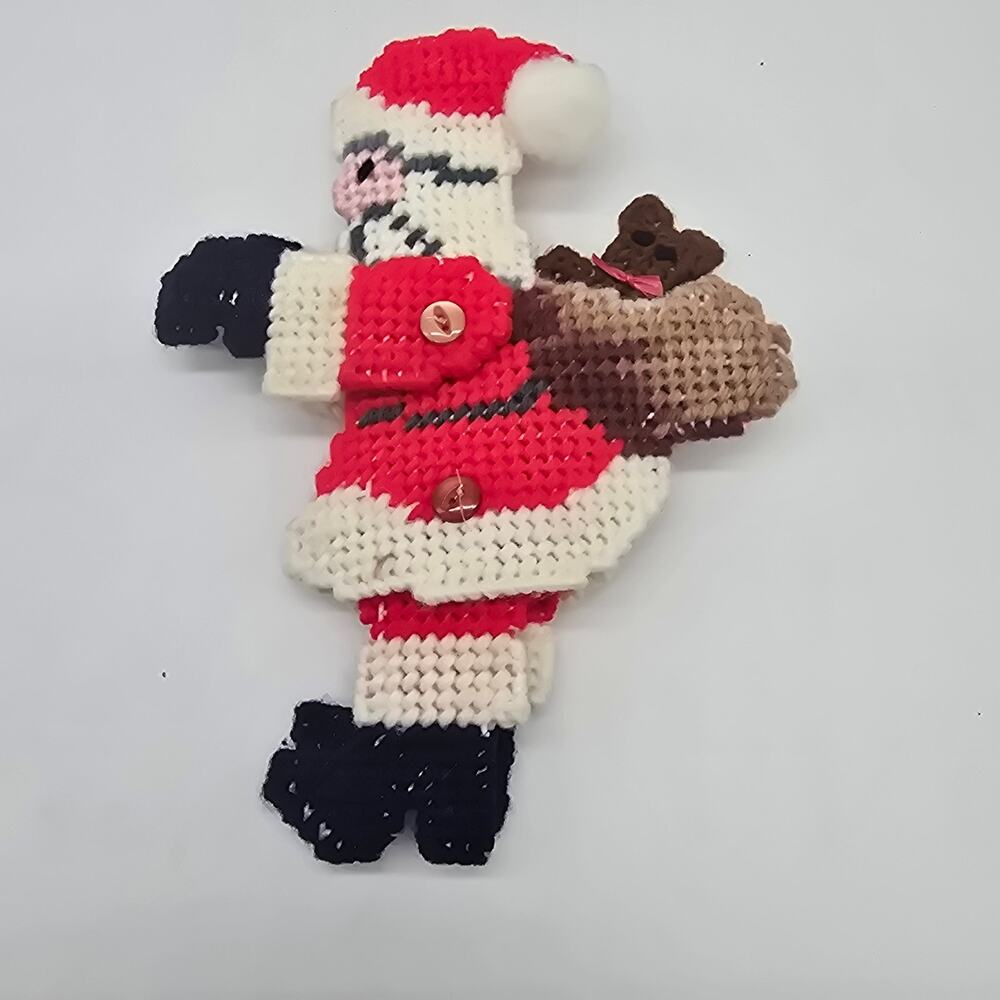 Vintage Handmade Articulated Santa Claus  Needlepoint Plastic Canvas Art